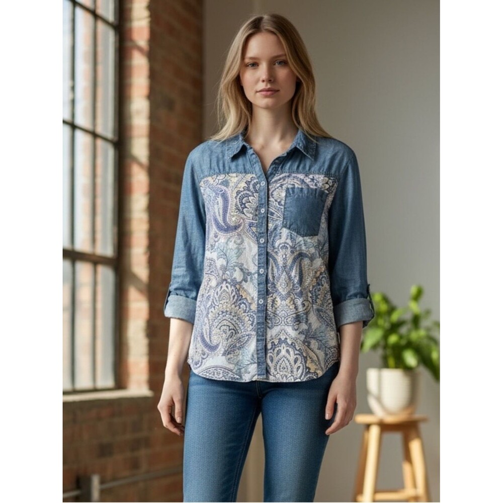 Chico's Denim Blue Paisley Chambray Button Front Long Sleeve Shirt 2 12 L